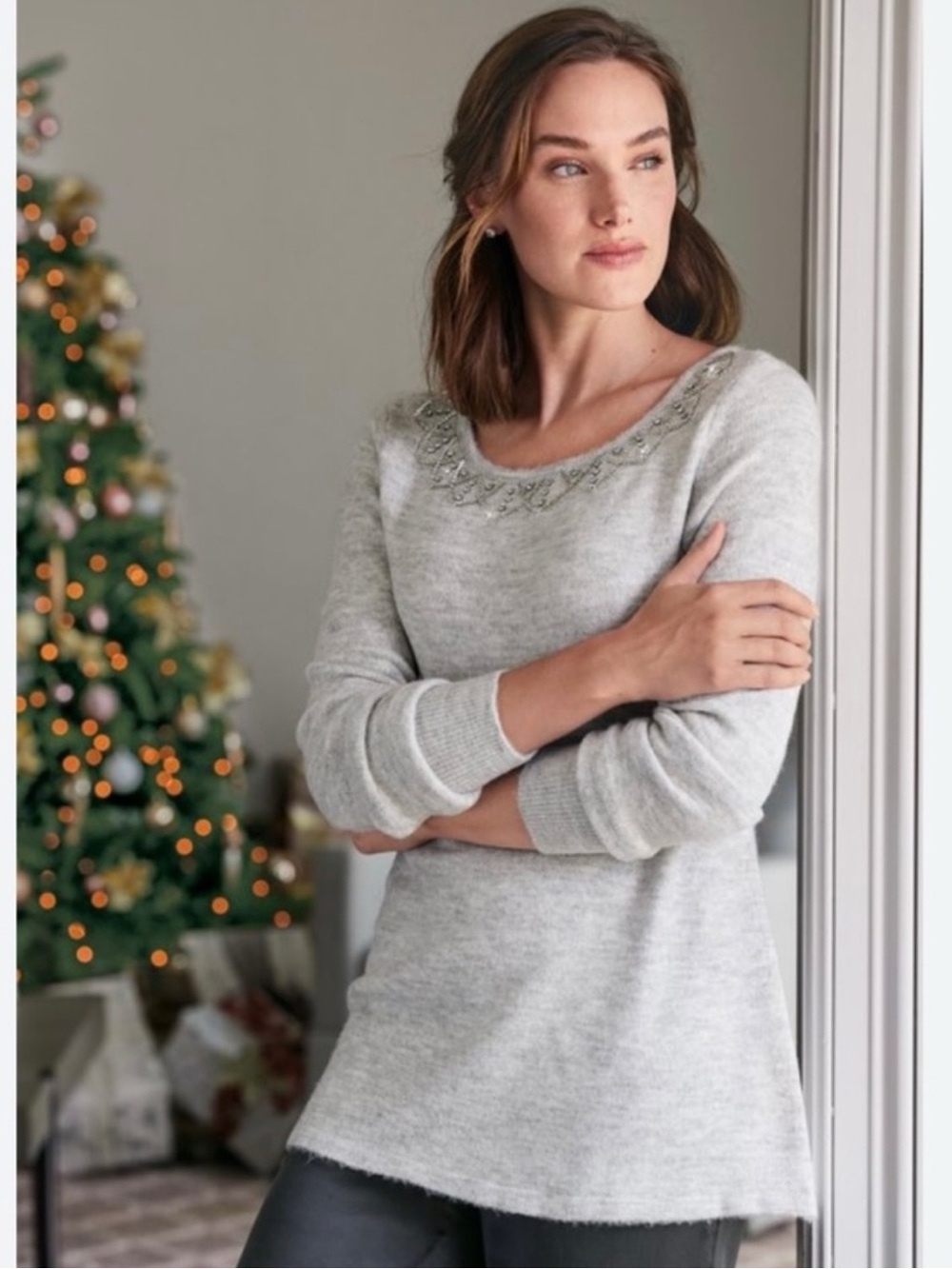 SOFT SURROUNDINGS Aleza Winter Gray Rhinestone Sweater Medium Jeweled Neckline